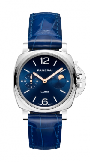 PNI LUMINOR DUE LUNA AUTO ALLIGATOR STRAP LADIES BLUE DIAL WATCH